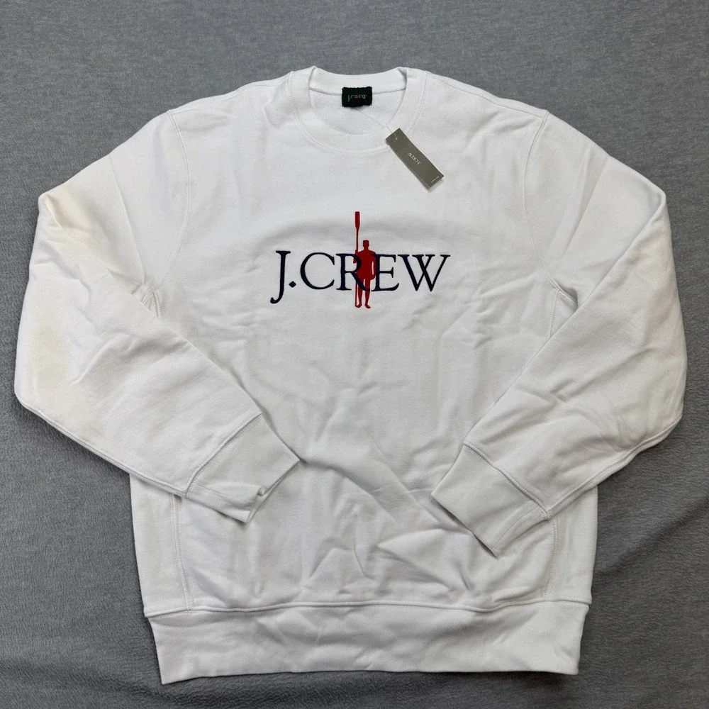 J Crew Sweatshirt Mens Large White Heritage Oarsman Graphic 14 Oz Fleece NEW